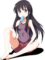  barefoot black_eyes black_hair casual commentary_request female food food_in_mouth full_body hot houraisan_kaguya long_hair mouth_hold popsicle red_shorts ruu_(tksymkw) shadow shorts simple_background sitting solo sweat tank_top touhou white_background 