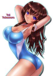  ass bad_anatomy blue_eyes boken_fantasy breasts brown_hair commentary_request competition_swimsuit female highres large_breasts long_hair looking_back muv-luv muv-luv_alternative muv-luv_total_eclipse one-piece_swimsuit swimsuit takamura_yui 