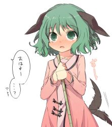  animal_ears bad_id bad_pixiv_id bamboo_broom blush broom commentary_request female green_eyes green_hair kasodani_kyouko lovestruck nose_blush shamo_(koumakantv) simple_background solo speech_bubble tail tail_wagging touhou translated white_background 