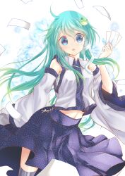  aqua_eyes aqua_hair bandages blush commentary detached_sleeves female frog_hair_ornament hair_ornament highres kochiya_sanae long_hair long_sleeves looking_at_viewer maryquant midriff navel shirt skirt skirt_set solo spell_card touhou wide_sleeves 