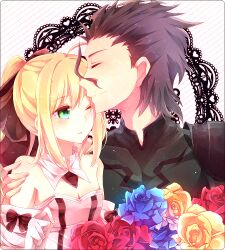  1boy ahoge ajuvyrvosjfj artoria_pendragon_(fate) bad_id bad_pixiv_id bare_shoulders blonde_hair blue_flower blue_rose blush bow brown_hair closed_eyes couple detached_sleeves diarmuid_ua_duibhne_(lancer)_(fate) fate/stay_night fate/unlimited_codes fate/zero fate_(series) female flower green_eyes hairbow kissing one_eye_closed ponytail red_flower red_rose rose saber_lily short_hair straight yellow_flower yellow_rose 