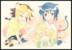  3girls :d agahari aged_down ahoge animal_ears bad_id bad_pixiv_id black_border black_hair blonde_hair border braid cat_ears closed_eyes commentary_request dog_days dyed_bangs hair_ribbon hood hoodie jaune_clafoutis multicolored_hair multiple_girls noir_vinocacao oerba_yun_fang open_mouth rabbit_ears red_eyes ribbon smile tail tiger_ears traditional_media two-tone_hair v vert_farbreton 