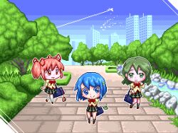  3girls bag blue_eyes blue_hair bow commentary_request green_eyes green_hair hair_ornament hair_ribbon hairclip kameyan_(ka_me_da) kaname_madoka mahou_shoujo_madoka_magica mahou_shoujo_madoka_magica_(anime) messenger_bag miki_sayaka multiple_girls pink_eyes pink_hair pixel_art ribbon school_uniform shizuki_hitomi shoulder_bag smile tree twintails 