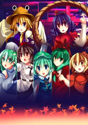  6+girls aki_shizuha belt blonde_hair blue_eyes blue_hair blush bow brown_hair commentary_request detached_sleeves frog_hair_ornament front_ponytail green_eyes green_hair hair_bobbles hair_ornament hairbow hat kagiyama_hina kawashiro_nitori key kochiya_sanae leaf long_sleeves maple_leaf moriya_suwako mountain_of_faith multiple_girls open_mouth photoshop_(medium) puffy_sleeves red_eyes rei-ru rope shameimaru_aya shimenawa short_sleeves snake_hair_ornament tokin_hat touhou wide_sleeves yasaka_kanako yellow_eyes 