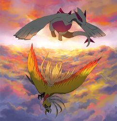  alternate_color bird cloud commentary_request dark flying ho-oh kikken lugia no_humans pokemon pokemon_(creature) shiny_pokemon sky sunset 