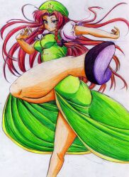  ass bad_id bad_pixiv_id beret braid breasts chinese_clothes colored_pencil_(medium) female fighting_stance hat highres hong_meiling kicking kitazinger kung_fu legs long_hair medium_breasts photoshop_(medium) serious solo star_(symbol) touhou traditional_media twisted_torso 