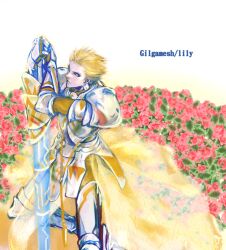  1boy armor bad_id bad_pixiv_id blonde_hair cape ea_(fate/stay_night) earrings fate/stay_night fate/unlimited_codes fate_(series) faux_traditional_media gilgamesh_(fate) jewelry light_persona lily_servant male_focus mpn red_eyes short_hair solo sword translucent weapon 