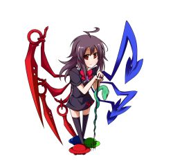  ahoge asymmetrical_wings black_hair black_thighhighs bow commentary_request earlgrey female houjuu_nue long_hair no_nose polearm red_eyes short_sleeves simple_background snake solo thighhighs touhou trident ufo weapon white_background wings 