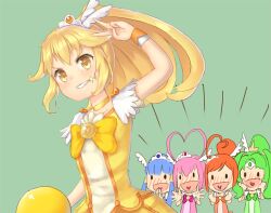  5girls aoki_reika bad_id bad_pixiv_id ball blonde_hair blue_hair bow choker cure_beauty cure_happy cure_march cure_peace cure_sunny green_hair hair_flaps hair_tubes head_wings hino_akane_(smile_precure!) hoshizora_miyuki long_hair magical_girl midorikawa_nao multiple_girls orange_hair pensuke pink_eyes pink_hair ponytail precure short_hair sidelocks skirt smile smile_precure tiara tri_tails twintails v wings wrist_cuffs yayoi_kise yellow_bow yellow_eyes yellow_skirt 