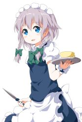  apron blue_eyes commentary_request female grey_hair izayoi_sakuya knife maid ruu_(tksymkw) short_hair solo touhou wrist_cuffs 