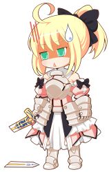  :&lt; ahoge armor armored_dress artoria_pendragon_(fate) blonde_hair bow broken broken_sword broken_weapon caliburn_(fate) chibi commentary_request dress fate/stay_night fate/unlimited_codes fate_(series) female full_body gauntlets green_eyes hairbow kanda_(squall-rinoa) long_hair ponytail saber_lily shaded_face solo sweatdrop sword transparent_background weapon 