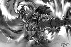  1boy arm_guards commentary_request draven dust facial_hair greyscale headband korean_commentary league_of_legends male_focus monochrome moustache open_mouth ranger_squirrel short_hair signature spiked_hair spikes spinning teeth vest 