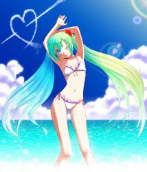  aqua_eyes armpits arms_up ass_visible_through_thighs bikini breasts cloud commentary_request contrail cowboy_shot day female flower frilled_bikini frills front-tie_bikini_top front-tie_top gradient_hair green_hair groin hair_flower hair_ornament hatsune_miku head_tilt heart hibiscus highres lens_flare long_hair long_legs looking_at_viewer m-shiganai multicolored_hair navel nose_shade ocean one_eye_closed side-tie_bikini_bottom sky slim_legs small_breasts smile solo swimsuit twintails very_long_hair vocaloid wading water 