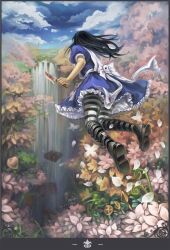  alice:_madness_returns alice_liddell_(american_mcgee&#039;s_alice) american_mcgee&#039;s_alice bad_id bad_pixiv_id black_hair boots bow cloud day dress female flower frills highres knife moie outdoors pantyhose photoshop_(medium) solo striped_clothes striped_pantyhose water waterfall 