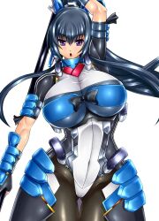  armor black_hair black_legwear bodysuit breasts close-up close_up female female gao_(naodayo) gluteal_fold highres honda_futayo huge_breasts kyoukai_senjou_no_horizon kyoukaisenjou_no_horizon polearm ponytail purple_eyes simple_background solo spear weapon white_background wide_hips 