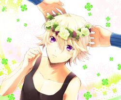  1boy blonde_hair blush commentary_request head_wreath ivan_karelin male_focus purple_eyes putting_on_headwear sakuya_(ks) solo_focus tiger_&amp;_bunny 