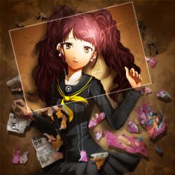  artist_request atlus brown_hair camera depth_perception kujikawa_rise persona persona_4 purple_hair ribbon school_uniform torn_paper twintails viewfinder 