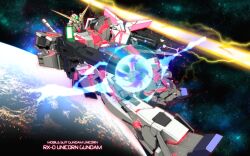  beam_rifle earth_(planet) energy_beam energy_gun glowing glowing_eyes gundam gundam_unicorn highres holding holding_weapon light light_particles md5_mismatch mecha no_humans planet resolution_mismatch robot shield source_smaller space unicorn_gundam weapon zefai 