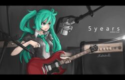  amplifier aqua_eyes aqua_hair arceonn commentary_request electric_guitar female gibson_sg guitar hatsune_miku instrument letterboxed long_hair marshall_amplification microphone necktie solo studio studio_microphone twintails vocaloid 