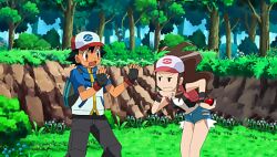  1boy backpack bag brown_hair commentary_request denim denim_shorts female fingerless_gloves forest gloves hilda_(pokemon) holding holding_poke_ball long_hair nature noyeshr outdoors poke_ball pokemon pokemon_(anime) pokemon_bw ponytail satoshi_(pokemon) shorts sweatdrop 