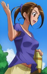  armpit_hair armpit_peek bag breasts brown_eyes brown_hair casual female haruyama_kazunori medium_breasts midriff_peek navel ponytail precure sasaki_namie short_hair smile_precure solo 