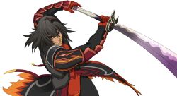  1boy armor artist_request black_hair fighting_stance gaius_(tales) gloves male_focus manly official_art red_eyes serious solo surcoat sword tales_of_(series) tales_of_xillia transparent_background weapon 