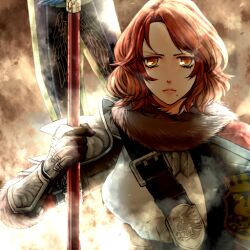  armor bad_id bad_pixiv_id banner breastplate female gauntlets hildegard_von_krone lips mole mole_under_mouth polearm red_hair short_hair soulcalibur soulcalibur_v t_rooibos weapon 