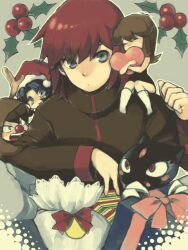  2boys 2girls animal_costume black_eyes black_hair boots brown_eyes chibi christmas closed_eyes ethan_(pokemon) gift green_(pokemon) heart hug kris_(pokemon) looking_at_viewer multiple_boys multiple_girls pokemon pokemon_(creature) pokemon_adventures red_hair silver_(pokemon) sitting sneasel tegaki yui_ko 