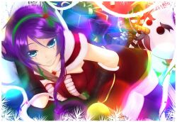  bad_id bad_pixiv_id between_breasts blue_eyes boots breasts christmas female gift gloves hairband holly league_of_legends leblanc_(league_of_legends) long_hair lying medium_breasts oldlim on_side ornament purple_hair snowman solo staff thigh_boots thighhighs 