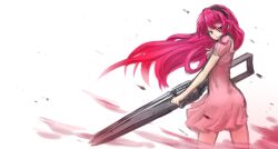  akame_ga_kill! arceonn commentary_request dress female hairband huge_weapon long_hair mine_(akame_ga_kill!) pink_dress pink_eyes pink_hair pink_theme railgun weapon 