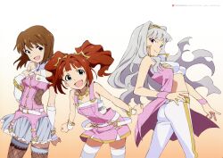  3girls absurdres ahoge ass dress gloves grey_eyes hagiwara_yukiho happy highres idolmaster idolmaster_(classic) jewelry long_hair multiple_girls official_art pants purple_eyes scan shijou_takane short_hair takatsuki_yayoi thighhighs twintails yamaguchi_satoshi 