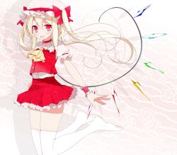  bad_id bad_pixiv_id blonde_hair choker commentary_request female flandre_scarlet hat hat_ribbon highres looking_at_viewer oouso red_eyes ribbon side_ponytail skirt solo thighhighs touhou white_thighhighs wings wrist_cuffs 