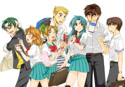  3girls 4boys blonde_hair blue_hair brown_hair can chidori_kaname chocolate food full_metal_panic glasses green_hair ice_cream ichijou_tenko inaba_mizuki jindai_high_school_uniform kazama_shinji mouth_hold multiple_boys multiple_girls onodera_koutarou ponytail popsicle sagara_sousuke scar school_uniform teeth tokiwa_kyouko tsubaki_issei twintails white_chocolate 