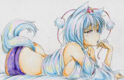  animal_ears ass bad_id bad_pixiv_id breasts colored_pencil_(medium) detached_sleeves female grey_hair hand_to_own_mouth hat hat_ribbon highres inubashiri_momiji kitazinger large_breasts lying midriff on_stomach open_mouth red_eyes ribbon shirt short_hair sideboob skirt solo tail tokin_hat touhou traditional_media wolf_ears wolf_tail 