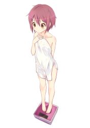  brown_eyes commentary_request covering_privates female from_above full_body looking_down nagato_yuki nanabuluku nude_cover photoshop_(medium) purple_hair short_hair solo suzumiya_haruhi_no_yuuutsu towel weighing_scale 