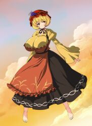  aki_minoriko alternate_breast_size apron barefoot blonde_hair breasts cloud commentary_request dress female food food-themed_clothes fruit grapes hat huge_breasts long_sleeves neck_ribbon nekomamire photoshop_(medium) red_eyes ribbon short_hair smile solo touhou wheat wide_sleeves 