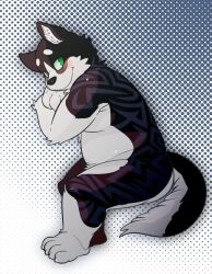  anthro belly black_body black_fur canid canine canis domestic_dog fur gazpacho green_eyes hi_res looking_at_viewer male mammal markings purple_markings segy solo tail white_belly young young_anthro young_male 