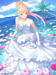  banned_artist bare_shoulders blonde_hair brown_eyes butterfly_hair_ornament dress elbow_gloves flower gloves hair_ornament himehara_tsubasa ilog jewelry long_hair mana_kakkowarai necklace official_art palm_tree ponytail skirt_hold smile solo tree water watermark web_address wedding_dress wet wet_clothes white_gloves 