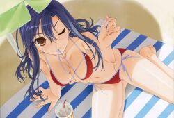  ;) absurdres arm_support bangs barefoot beach beach_towel beach_umbrella bikini blue_hair breasts brown_eyes cleavage cup drink drinking_straw dutch_angle feet female foreshortening from_above front-tie_bikini front-tie_top hair_between_eyes highres leaning light_smile long_hair mashiba_sayuri mat mouth_hold murakami_suigun navel one_eye_closed outdoors pia_carrot_(series) pia_carrot_e_youkoso!! pia_carrot_e_youkoso!!_4 red_bikini ribbon_in_mouth scan seiza shade shadow side-tie_bikini sitting skindentation smile solo spread_legs straw string_bikini striped sweat swimsuit towel transparent umbrella undressing untied untied_bikini untying 