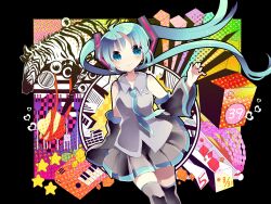  39 aqua_eyes aqua_hair bad_id bad_pixiv_id dated detached_sleeves female floating_hair fork hatsune_miku highres long_hair necktie saihate_(vocaloid) sakurato_remi senbonzakura_(vocaloid) skirt solo song_request songover thighhighs twintails very_long_hair vocaloid zebra 