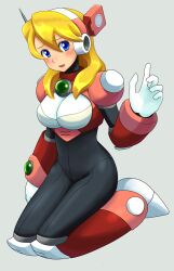  alia_(mega_man) android armor blonde_hair boots breasts commentary_request female green_eyes hairband knee_boots large_breasts long_hair mega_man_(series) mega_man_x_(series) ni-jo open_mouth photoshop_(medium) robot solo 