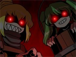  2girls blonde_hair bucket commentary_request glowing glowing_eyes green_hair grin in_bucket in_container kisume kurodani_yamame mono_(moiky) multiple_girls red_eyes sharp_teeth short_hair smile teeth touhou twintails wooden_bucket you_gonna_get_raped 