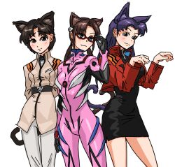  3girls :3 adjusting_eyewear animal_ears arms_behind_back bad_id bad_pixiv_id blue_eyes blush brown_eyes brown_hair cat_ears cropped_jacket evangelion:_2.0_you_can_(not)_advance glasses ibuki_maya katsuragi_misato kemonomimi_mode kiriririn long_hair makinami_mari_illustrious miniskirt multiple_girls neon_genesis_evangelion no_legwear paw_pose plugsuit purple_hair rebuild_of_evangelion red-framed_eyewear short_hair skirt twintails uniform 