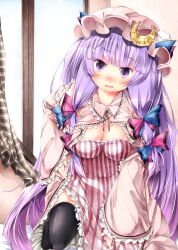  black_thighhighs blush bow breasts cleavage commentary_request crescent crescent_hat_ornament female hairbow hat hat_ornament large_breasts long_hair long_sleeves looking_at_viewer open_mouth patchouli_knowledge purple_eyes purple_hair solo sugiyuu sweatdrop thighhighs touhou 