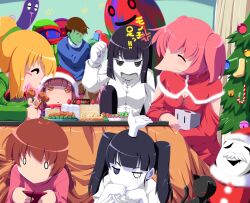  1boy 6+girls anger_vein angry black_cat black_eyes black_hair blonde_hair blue_eyes brown_hair cake christmas christmas_tree closed_eyes commentary_request eating extra_arms feline food happy kotatsu kyukkyu-kun long_hair madotsuki mafurako monoe monoko multiple_girls open_mouth pink_hair pink_shirt poniko ponytail rapama santa_costume shirt shitaisan short_hair smile table tokuto-kun toriningen translated tree twintails uboa yume_nikki 