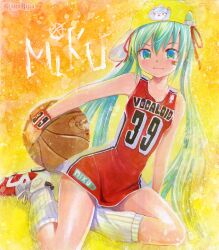  39 air_jordan air_jordan_6 aqua_eyes aqua_hair ball bandaid baseball_cap basketball basketball_(object) basketball_uniform blush character_name commentary_request female hair_ribbon hat hatsune_miku holding long_hair looking_at_viewer mayo_riyo ribbon shoes smile sneakers socks solo sportswear sweatband twintails very_long_hair vocaloid white_socks 