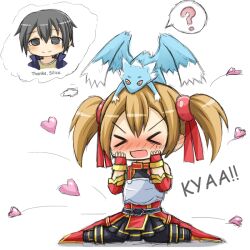  black_legwear blush breast_plate breastplate chibi fingerless_gloves gloves heart pina_(sao) short_twintails silica sitting sword_art_online twintails 