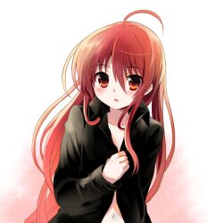  ahoge black_jacket blush coat commentary_request female flat_chest hair_between_eyes jacket long_hair long_sleeves looking_at_viewer naked_coat navel parted_lips red_eyes red_hair shakugan_no_shana shana solo tachitsu_teto upper_body white_background 