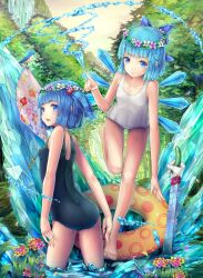  2girls alternate_costume ass bare_legs bare_shoulders barefoot blue_eyes blue_hair blush bow cirno commentary_request cucumber fantasy flower hair_bobbles hair_ornament hairbow head_wreath highres hourainingyou ice icicle innertube kawashiro_nitori looking_at_viewer mechanical_arms multiple_girls nature one-piece_swimsuit partially_submerged photoshop_(medium) school_swimsuit short_hair single_mechanical_arm smile swim_ring swimsuit touhou two_side_up water waterfall wreath 