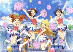  4girls :d ;d \o/ absurdres amami_haruka arm_up armpits arms_up balloon black_hair blonde_hair brown_hair cheerleader cloud confetti day drill_hair green_eyes highres hoshii_miki idolmaster idolmaster_(classic) iizuka_haruko imageboard_desourced jumping kikuchi_makoto kneehighs midriff multiple_girls navel non-web_source one_eye_closed open_mouth outstretched_arms pom_pom_(cheerleading) shoes short_hair sky smile sneakers socks takatsuki_yayoi twintails 